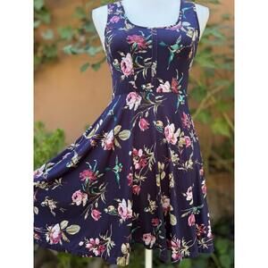 Free People Deep Purple Hummingbird Floral Mini Dress Size S Medium Women’s EUC